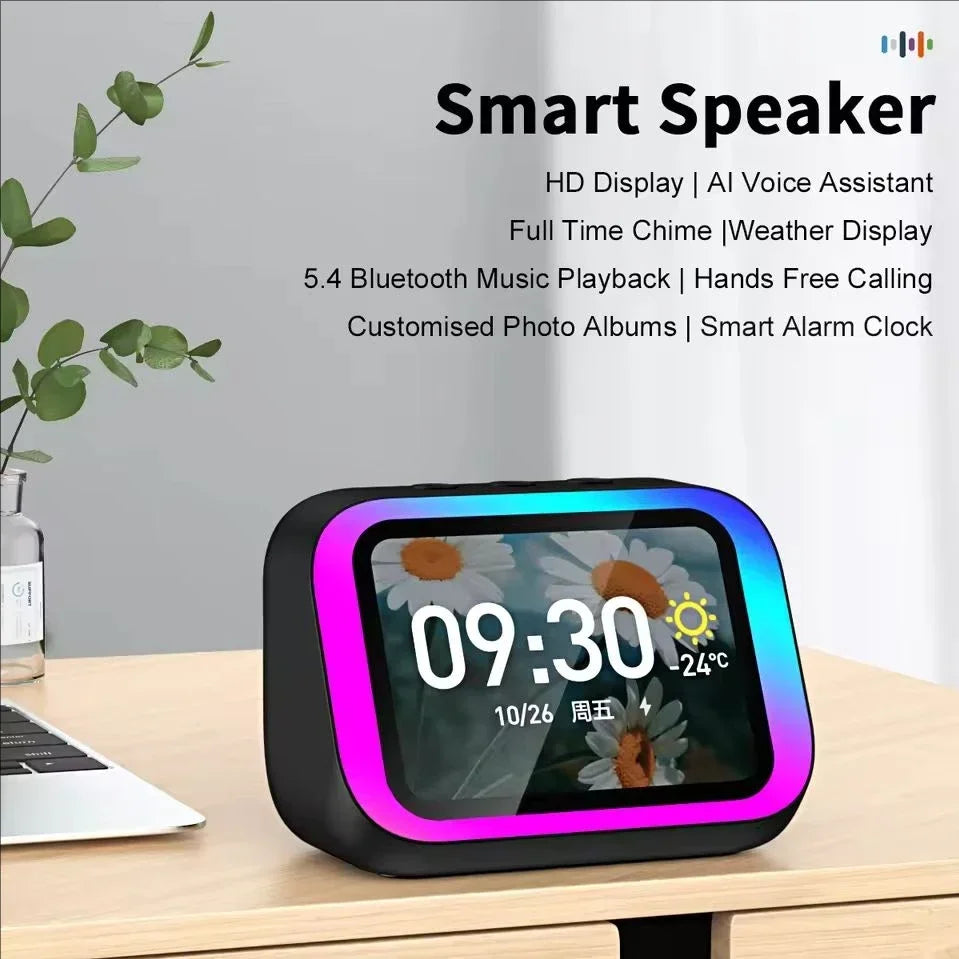 AI Bluetooth 5.4 Speaker HD Touch Screen Photo Album Alarm Clock HiFi Stereo Voice Assistant