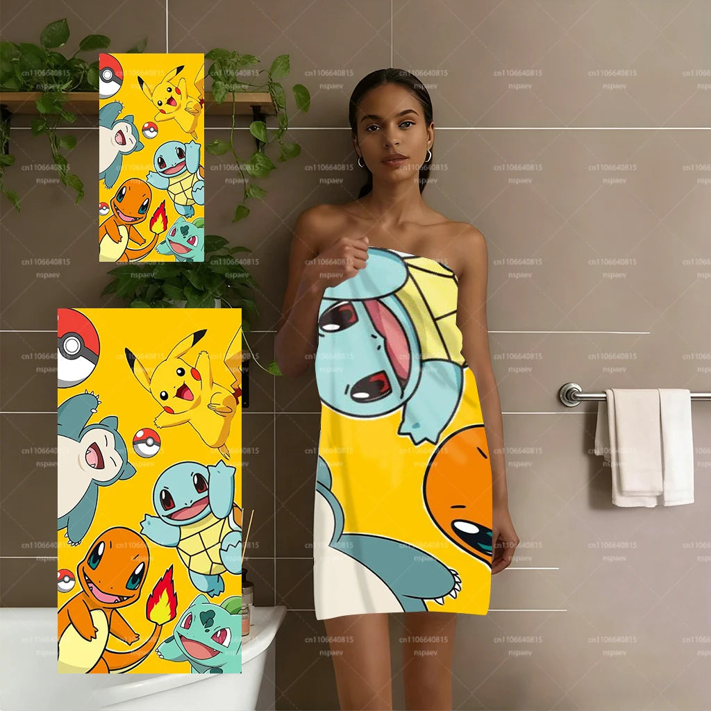 Pokemon Cartoon Beach Towel, Soft Absorbent Quick Dry Bath Towel, Cute Pikachu Charmander Print Swim Towel, Kids Gift, Flat Prin