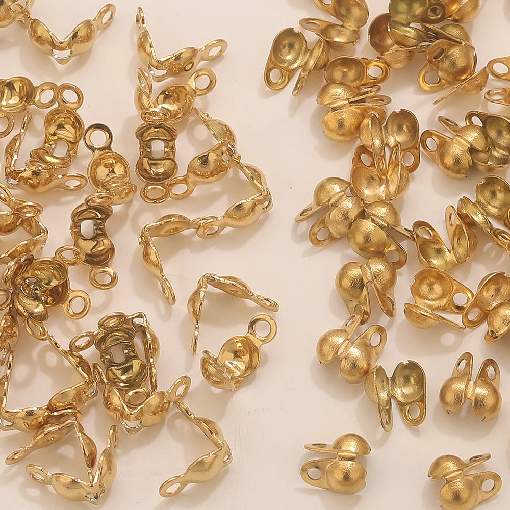 50pcs PVD Gold Plated Stainless Steel Connector Clasp Crimp End Beads For Bracelet Necklace Chains DIY End Caps Jewelry Findings