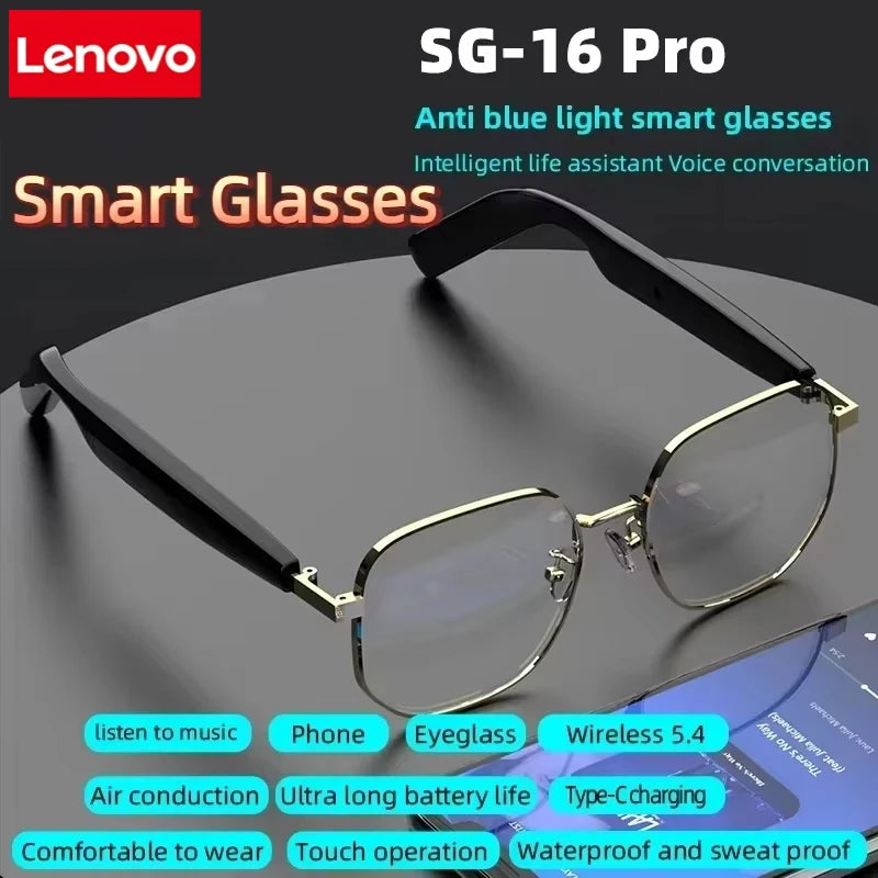 Lenovo New SG-16 Pro Smart Audio Glasses Air Conduction Wireless Bluetooth HD Headset Dustproof Waterproof Microphone Sunglasses