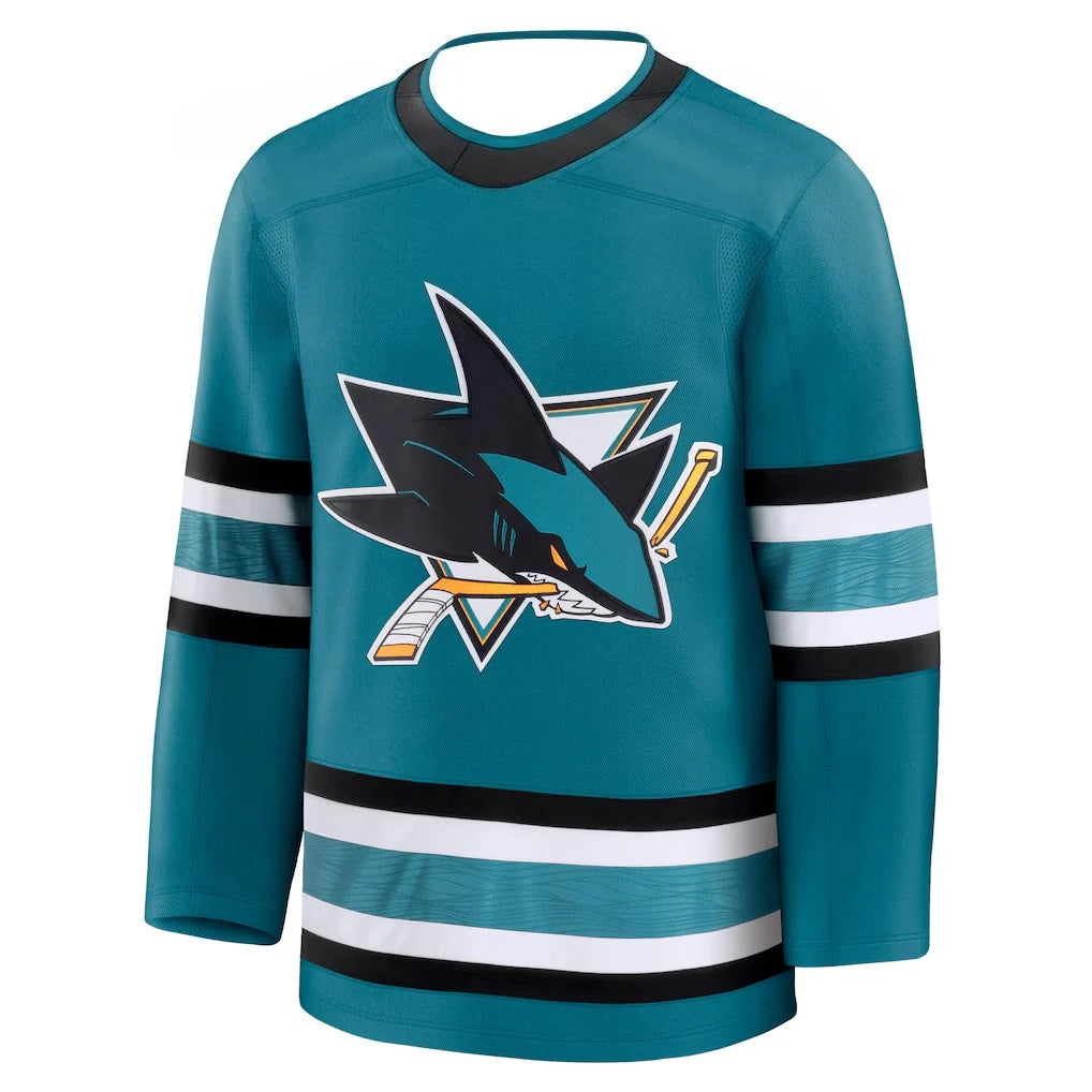 Hockey Jersey - Teal with Black/White Accents Shark Logo with Crossed Sticks Classic Striped Design Athletic Jersey 3d HD Prints