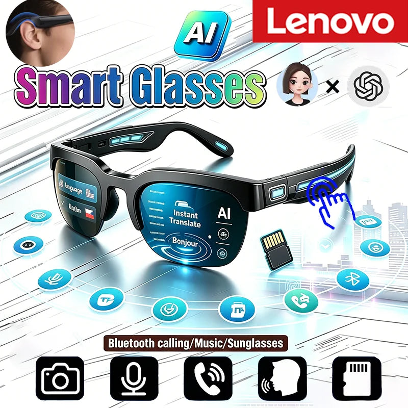 Lenovo HOT BT Audio Bone-Conduction Smart Glasses 150+ Language Real-Time Translation Music Glasses for Men Women Sports Running