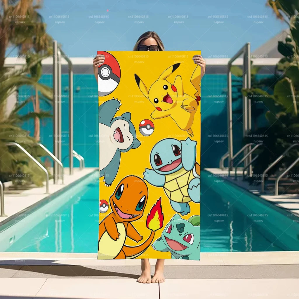 Pokemon Cartoon Beach Towel, Soft Absorbent Quick Dry Bath Towel, Cute Pikachu Charmander Print Swim Towel, Kids Gift, Flat Prin