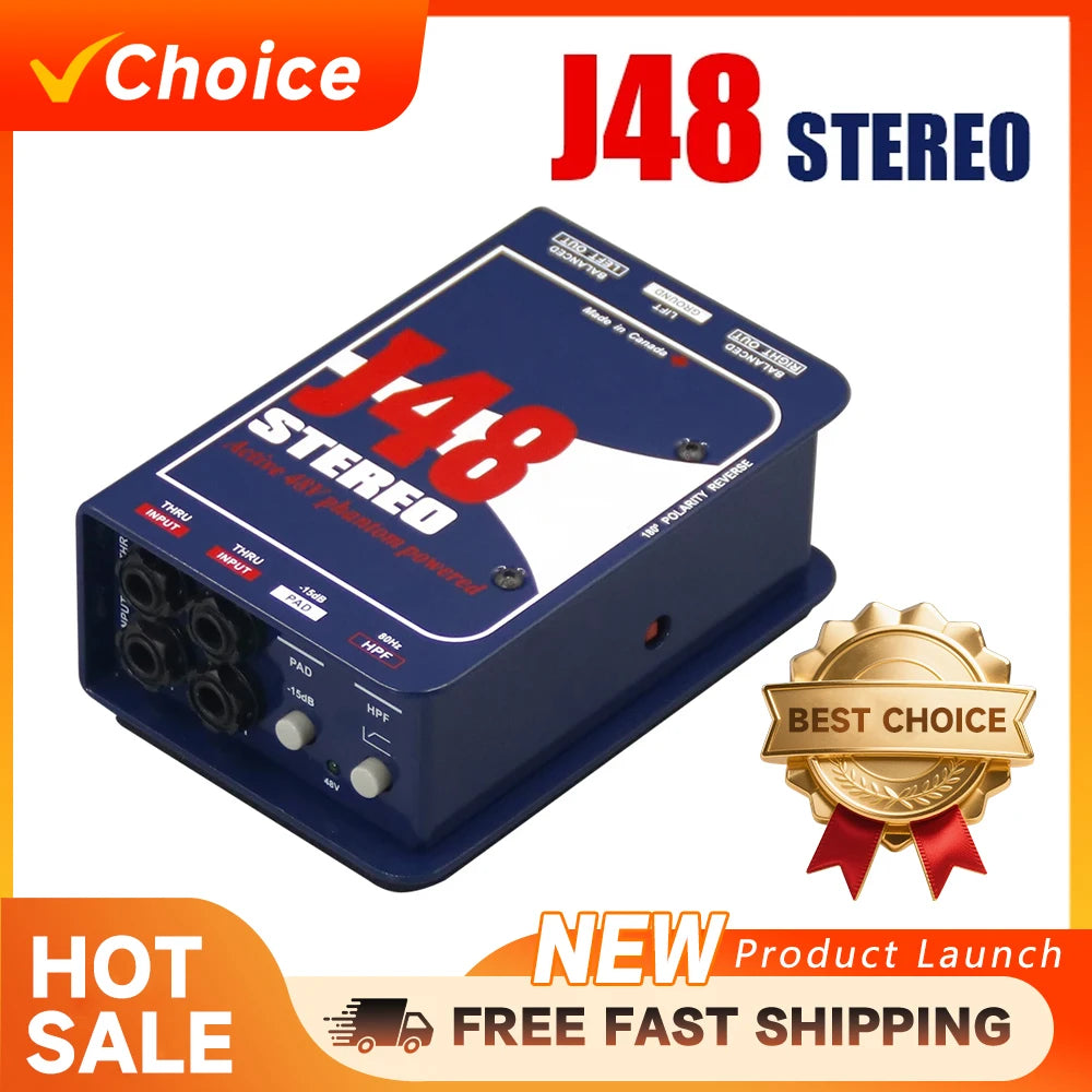 J48 Stereo Premium Active DI Box with 48V Phantom Power for Live Concert Studio Recording Guitar Bass Keyboard Professional