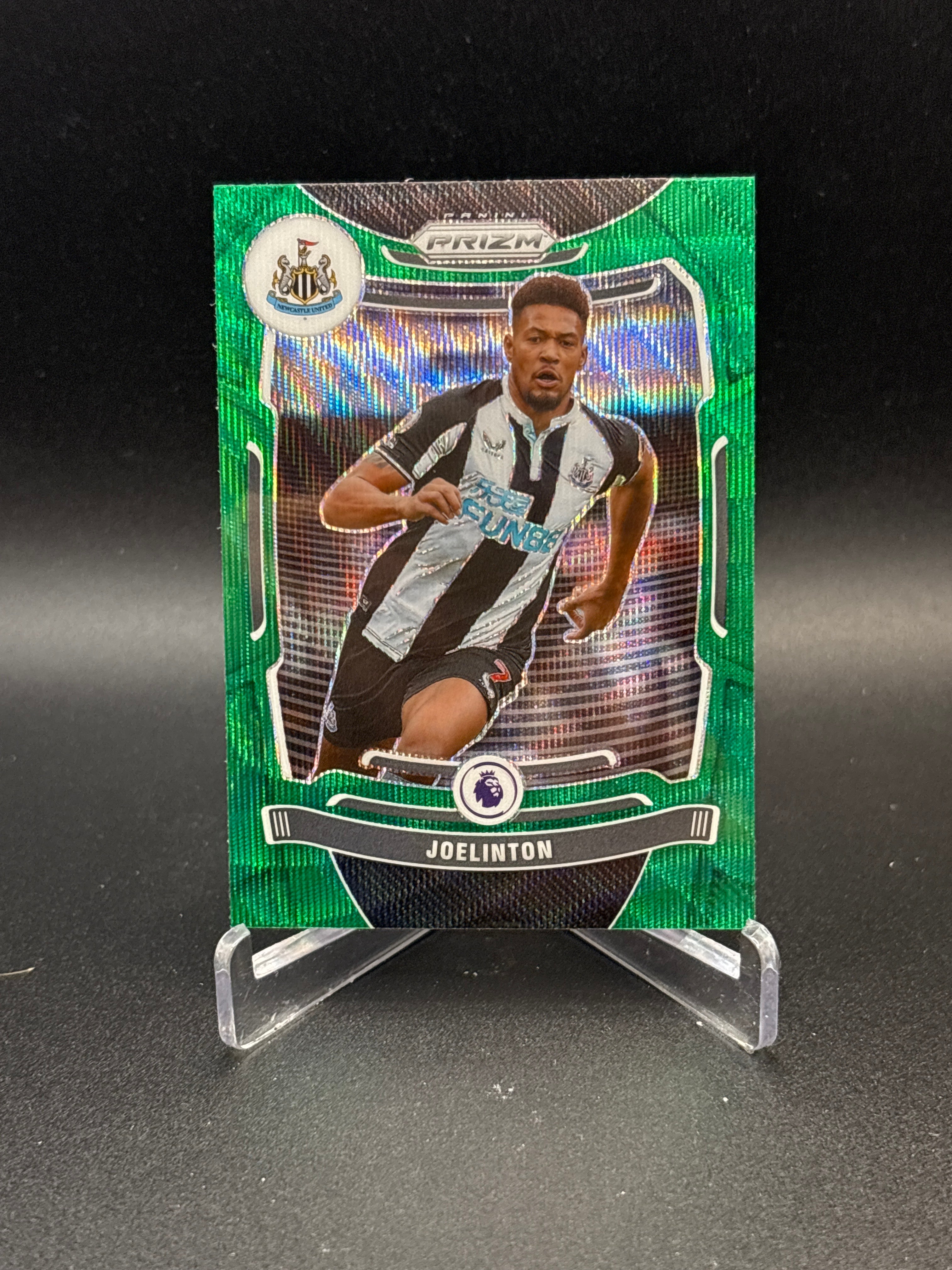 The 2021-22 Panini Prizm Premier League trading card featuring Joelinton #45 in a Green Wave Prizm parallel