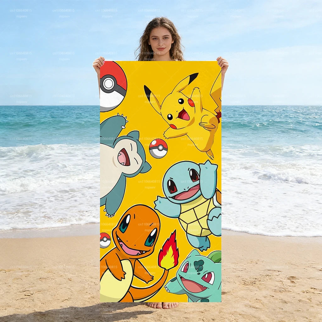 Pokemon Cartoon Beach Towel, Soft Absorbent Quick Dry Bath Towel, Cute Pikachu Charmander Print Swim Towel, Kids Gift, Flat Prin