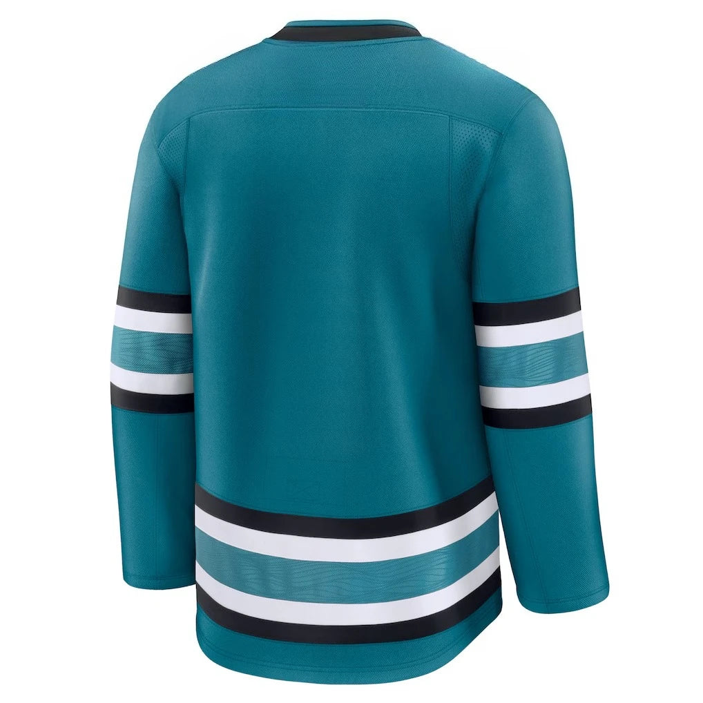 Hockey Jersey - Teal with Black/White Accents Shark Logo with Crossed Sticks Classic Striped Design Athletic Jersey 3d HD Prints