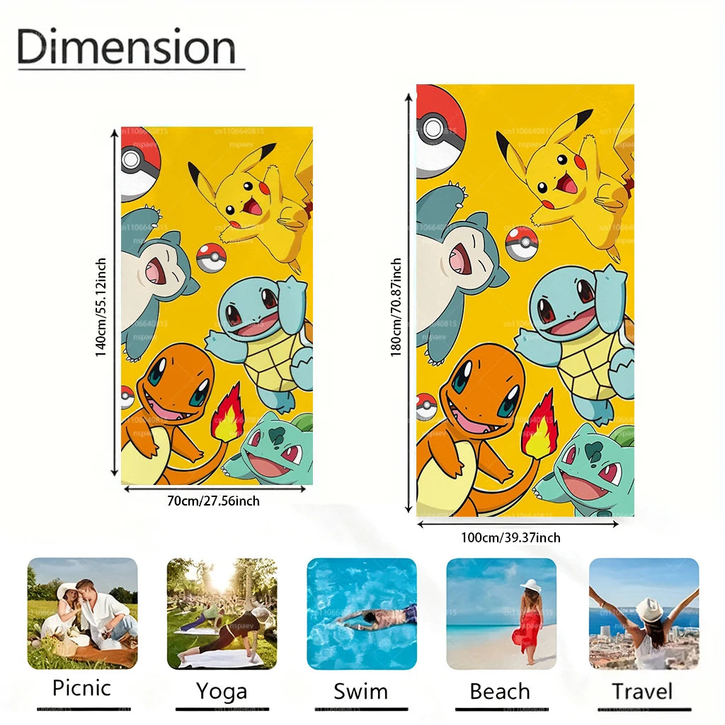 Pokemon Cartoon Beach Towel, Soft Absorbent Quick Dry Bath Towel, Cute Pikachu Charmander Print Swim Towel, Kids Gift, Flat Prin