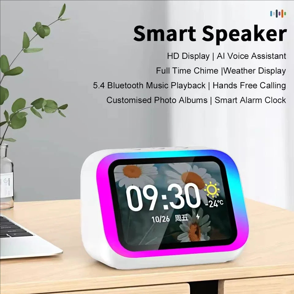 AI Bluetooth 5.4 Speaker HD Touch Screen Photo Album Alarm Clock HiFi Stereo Voice Assistant