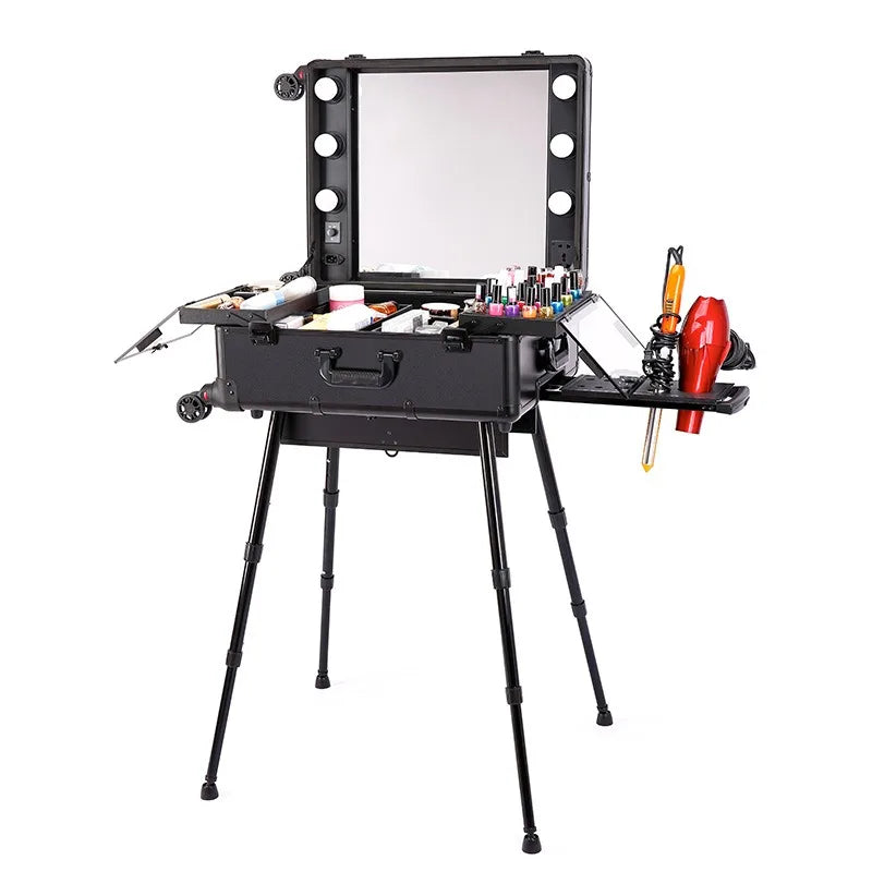 Aluminium Magnesium Alloy Adjustable LED Lighted Makeup Case Large Capacity Trolley Multifunction Mirror Onboard Vanity Box