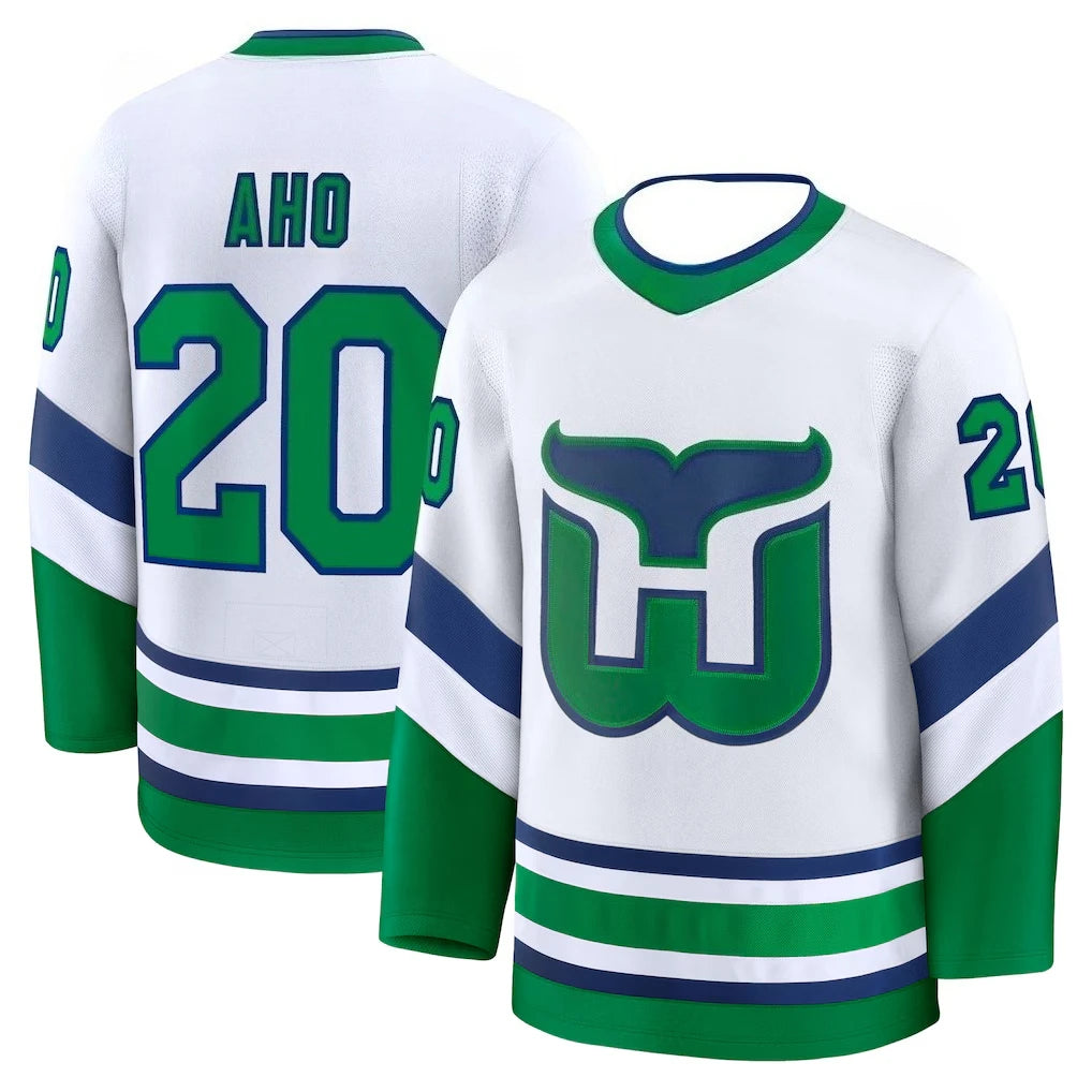 Hockey Jersey - White with Green & Blue Accents "Aho 20" Whale "W" Logo Autumn and Winter Base Layer Shirts